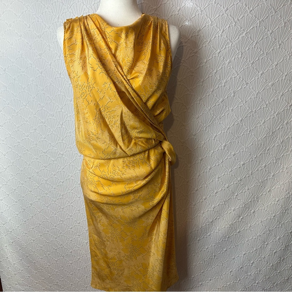 Poleci Women’s size 4 Gold Silk Drape Faux Wrap MIDI Sleeveless Abstract Dress